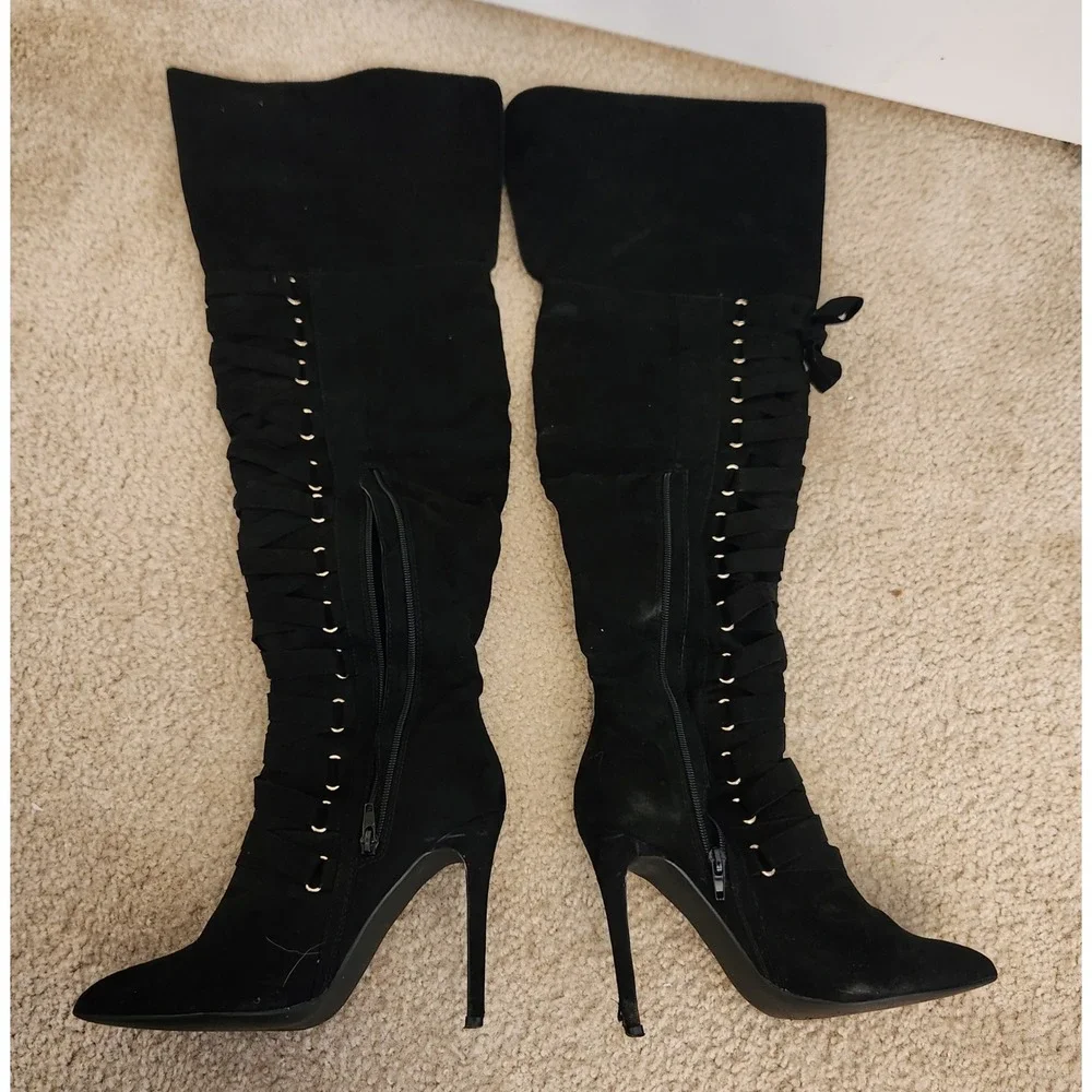 Olivia Black Lace Up Over The Knee Stiletto Boots Pointed Toe Size 8